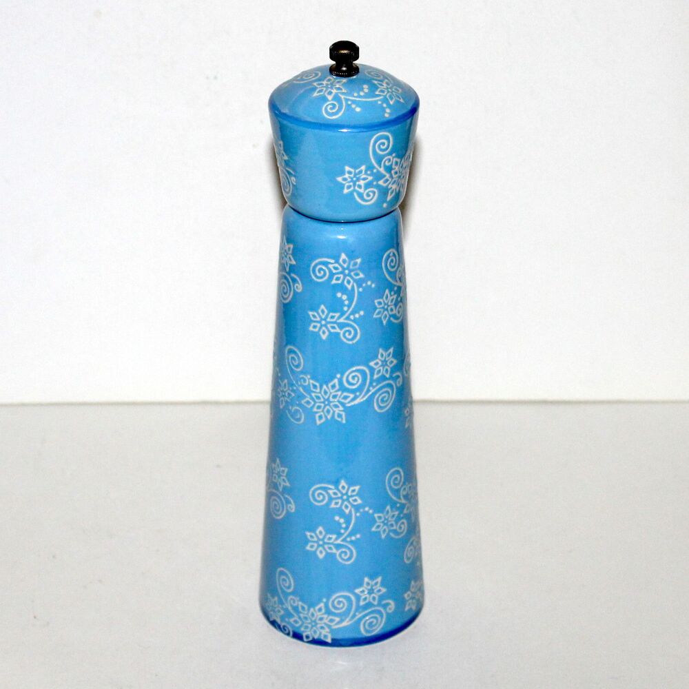 Temptations Pepper Grinder mill ceramic Blue Floral Lace Winter 10” white